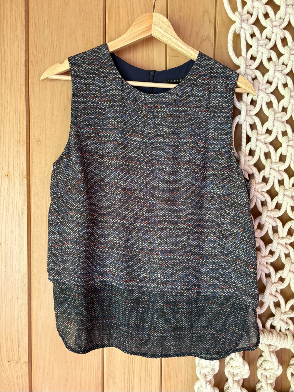 Theory Navy Multicolor Tweed Print Sleeveless Top